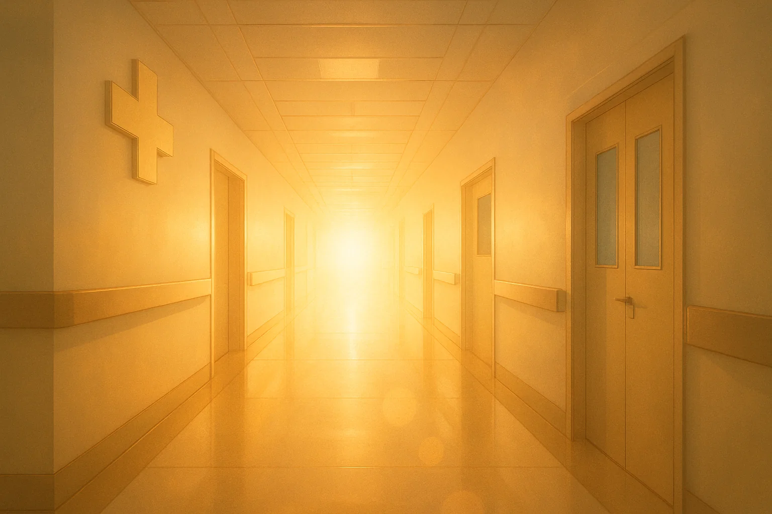 A symbolic hospital corridor scene evoking a life-changing turning point—soft light and hope