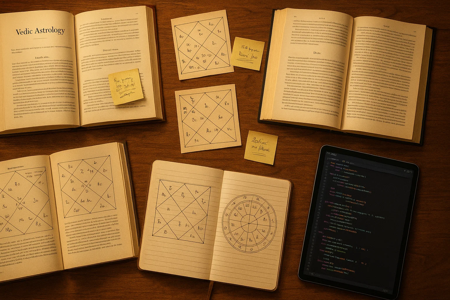 Years of structured study—Vedic texts, hand-marked charts, and careful technical notes