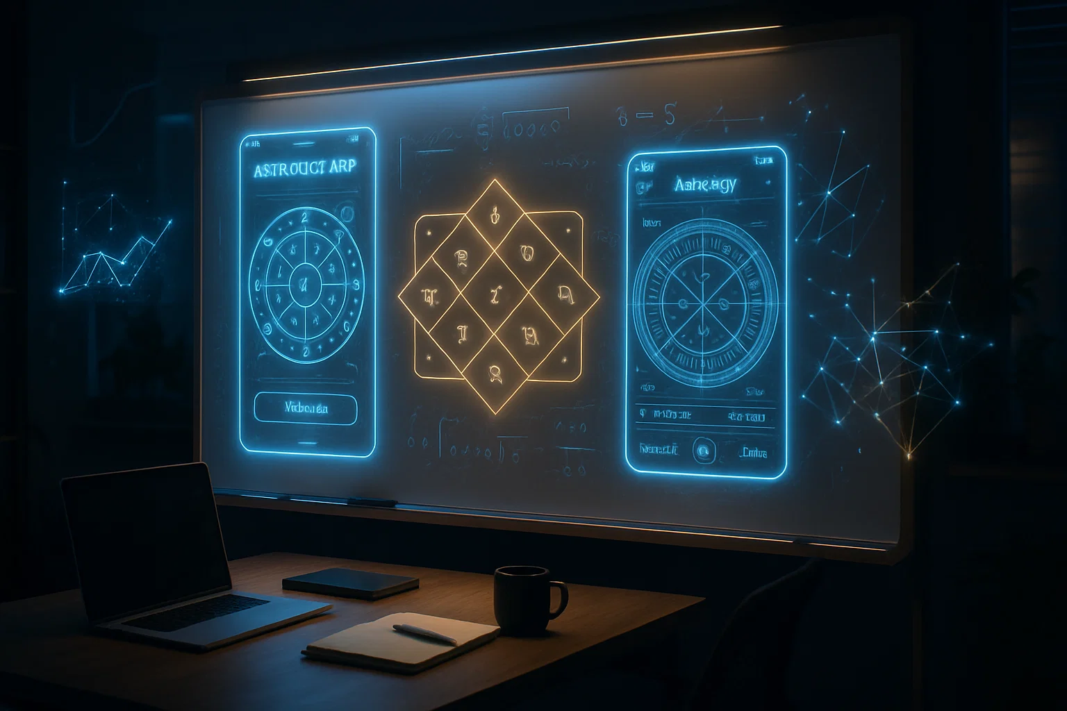 Designing Magic Astro AI—whiteboard flows, product screens, and model graphs coming together