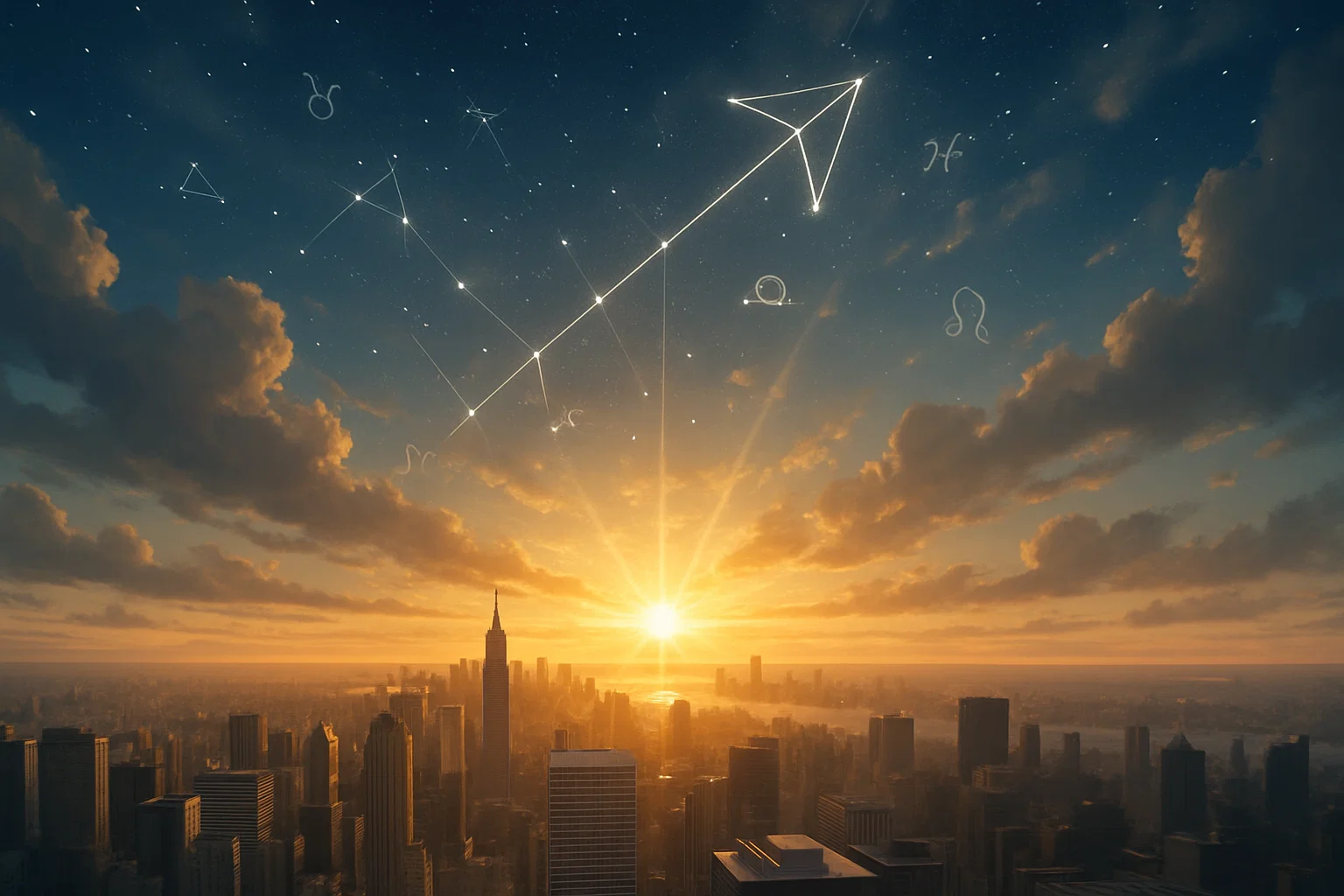 A forward-looking vision—sunrise over a city with constellation lines forming a compass
